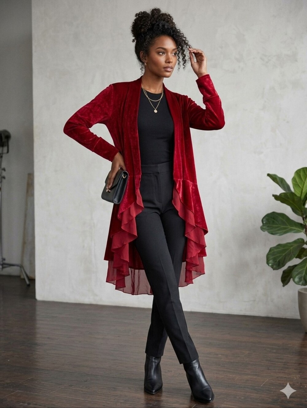 Zaful Ruffled Asymmetrical Velvet Chiffon Cardigan in red burgundy. Size XL.